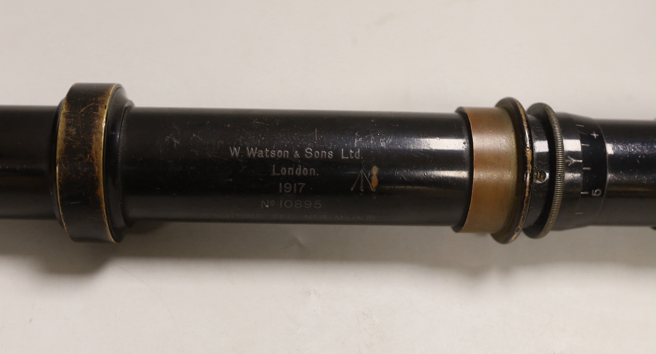A WWI sighting telescope, W Watson & Sons, 1917, No.4 Mark III, with clear optics and cross hairs, 41.5cm